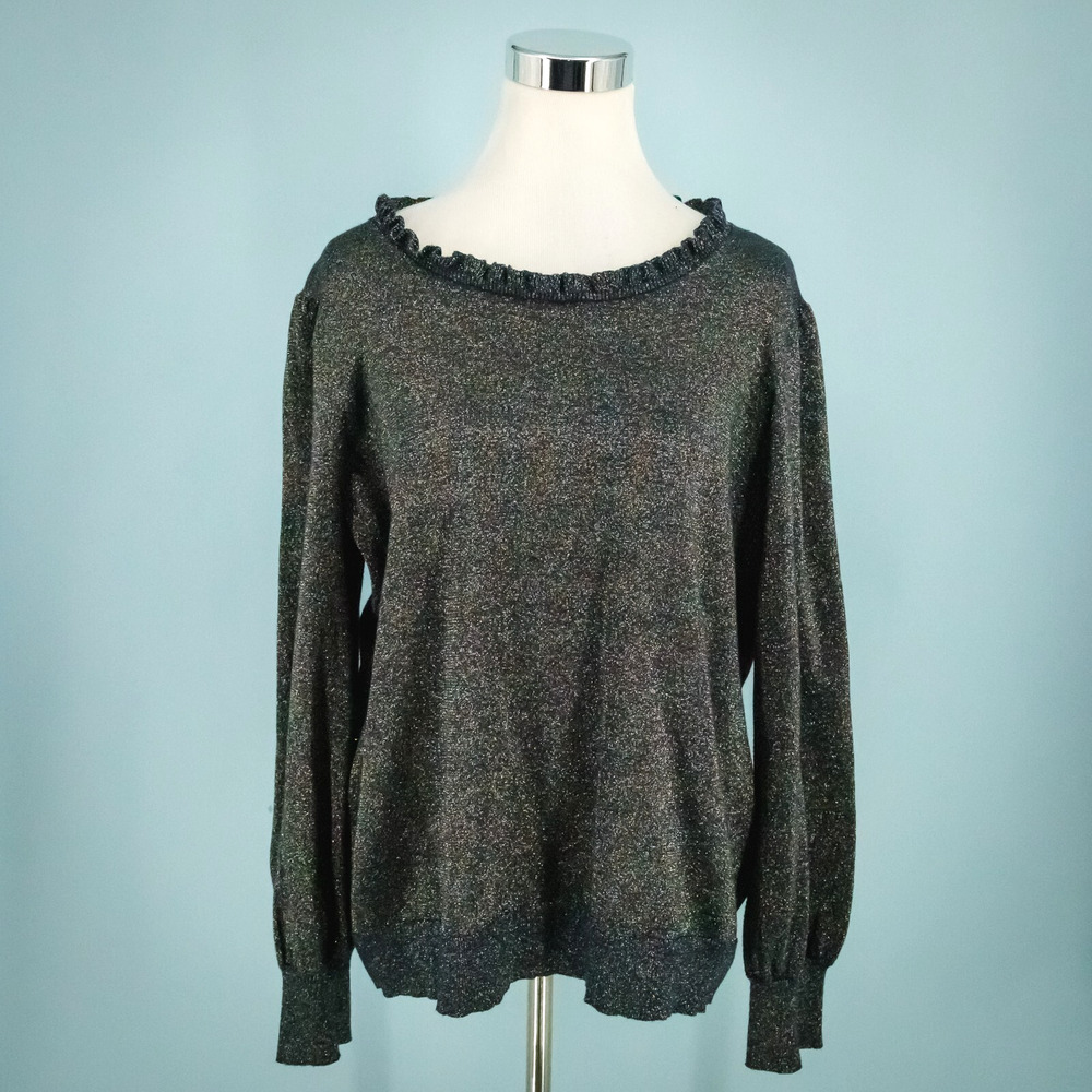 WYSE 5 Size 12 US Navy Blue Shimmer Ruffle Scoop Neck Long Sleeve Sweater
